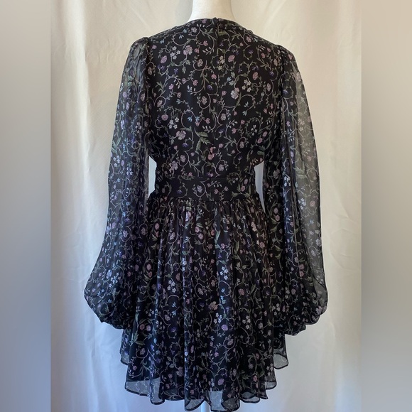 Ted Baker London Women's Dark Floral Mini Dress Small Sheer Ballon Sleeve - Picture 4 of 17